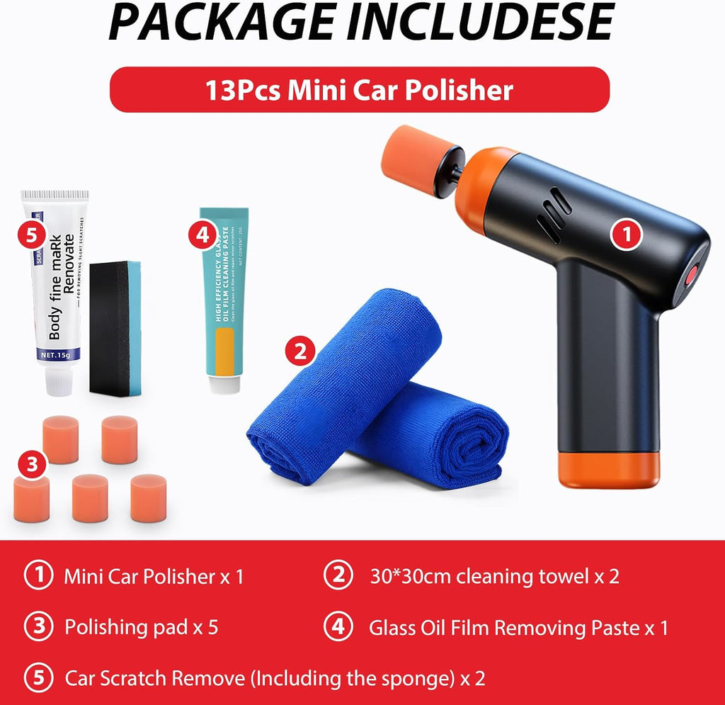 Mini Cordless Polisher for Car Detailing, 13Pcs Polisher Car Care Kit with 5 Polishing Pads & Scratch Grinding Agent, Cleaning Paste, Handheld Body Repair Machine for Auto Scratch Repair Waxing